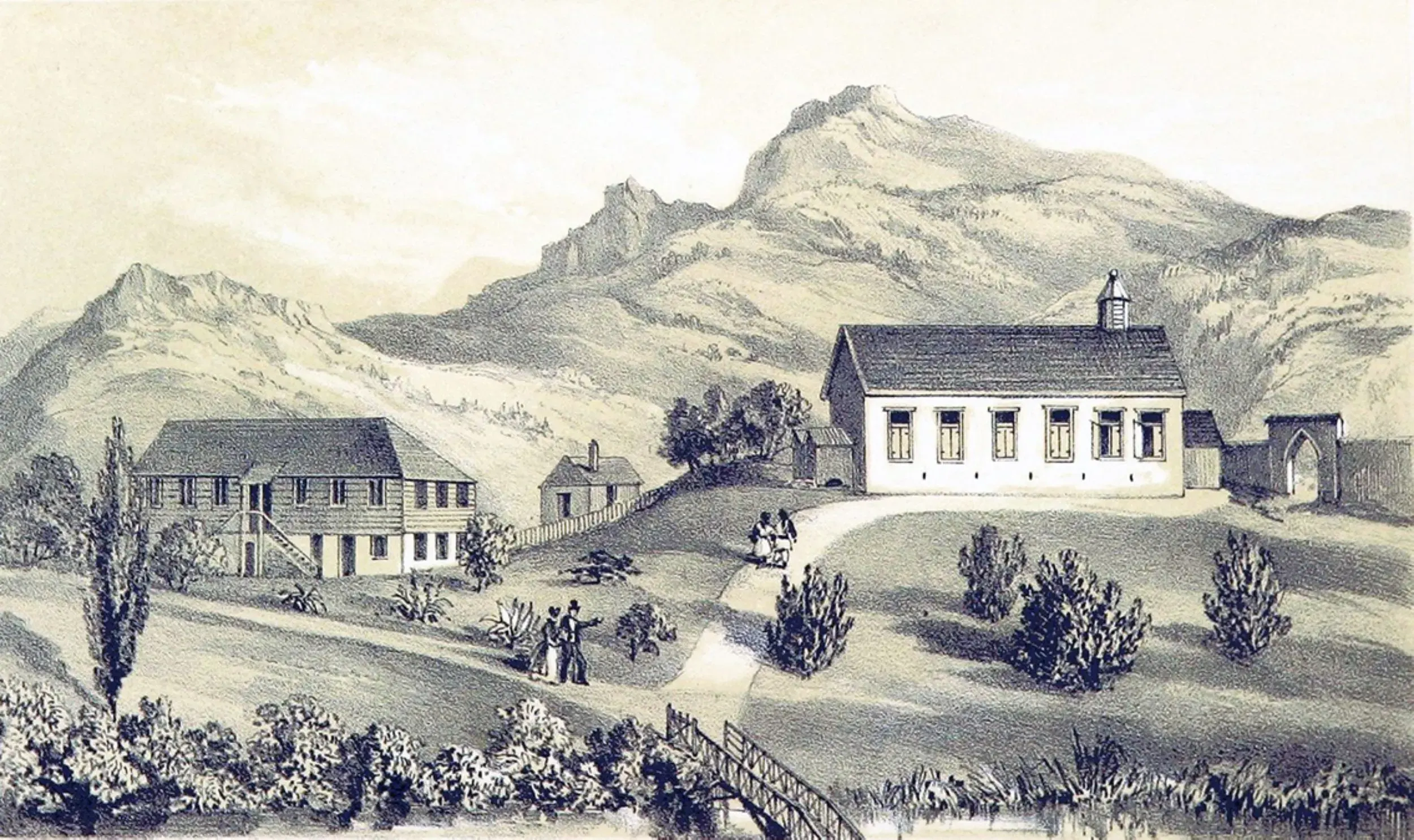 Station der Basler Mission in Regent, Sierra Leone, mit Missionshaus und Kirche, 1850