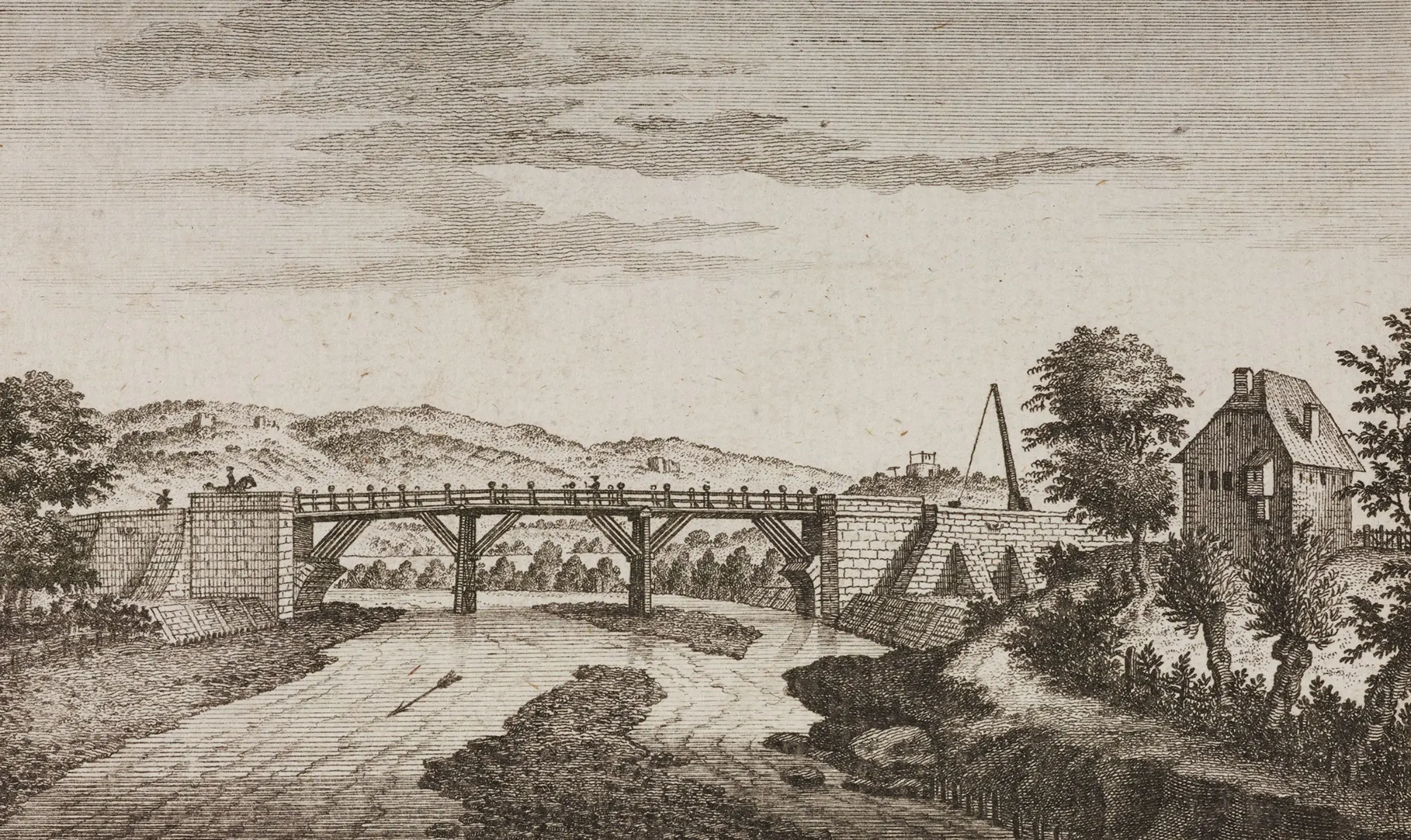 Der Stich von Emanuel Büchel zeigt den Birskopfsteg beim Birsfeld um 1833