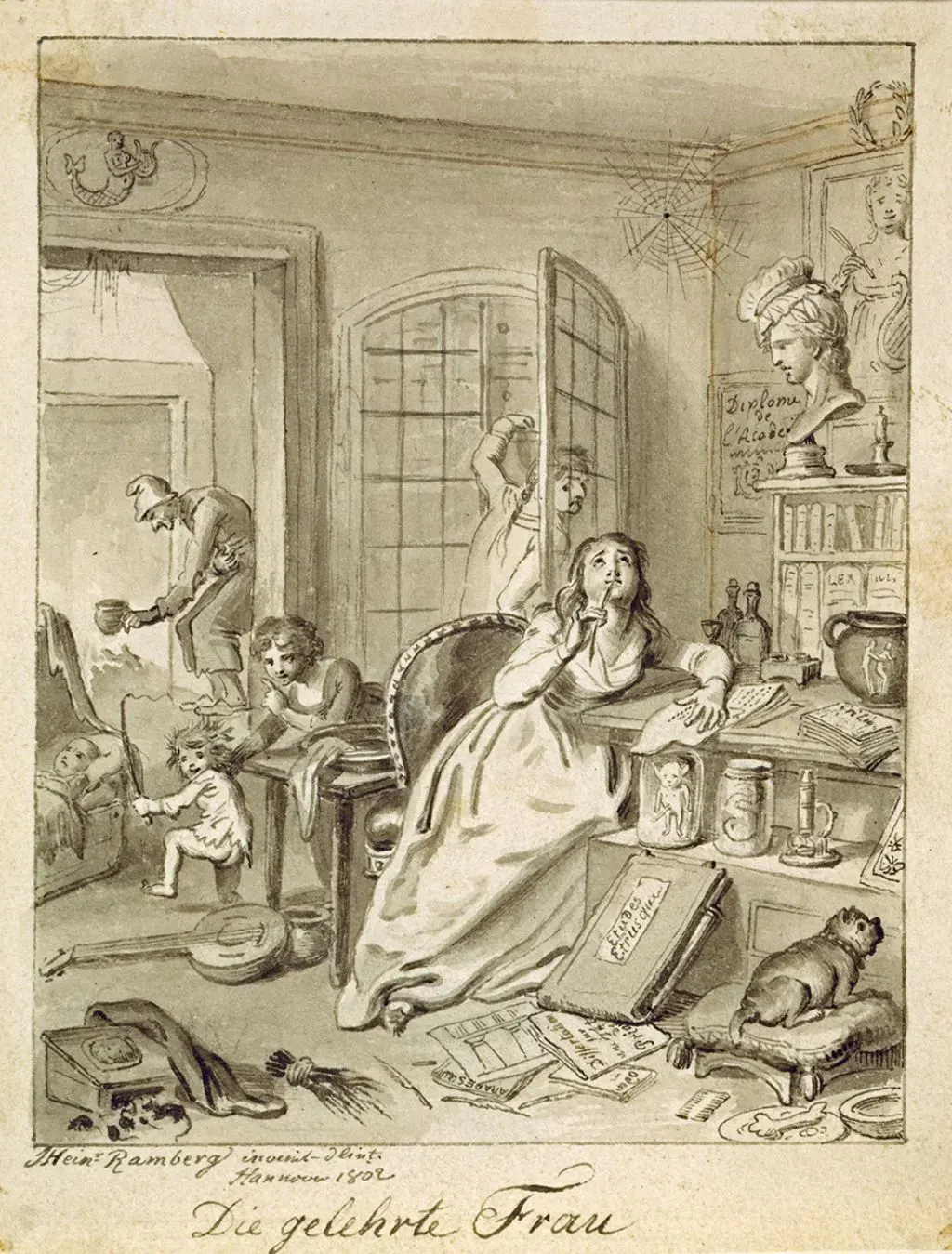 Gemälde: Kopf in den Wolken, Familie im Elend - so zeichnet Johann Heinrich Ramberg 1802 "Die gelehrte Frau"