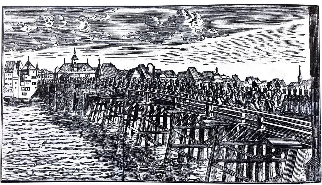 Zeichnung: Marsch der alliierten Truppen über die Basler Rheinbrücke am 21. Dezember 1813