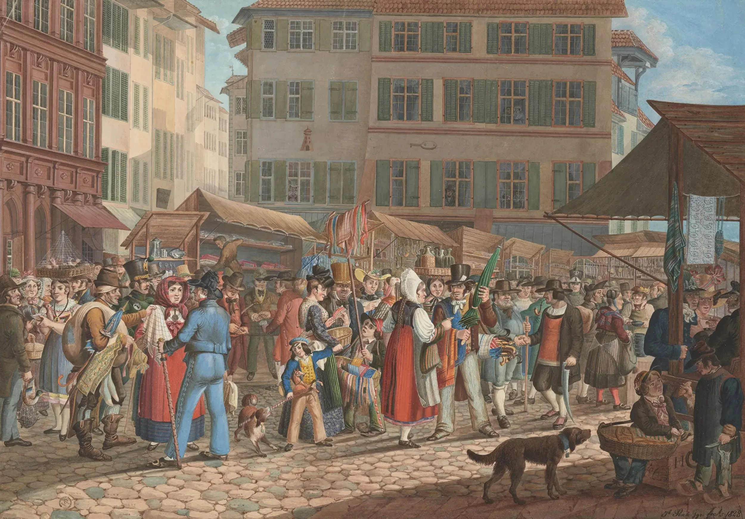 Fronfastenmarkt auf dem Basler Marktplatz, Jakob Senn, 1828