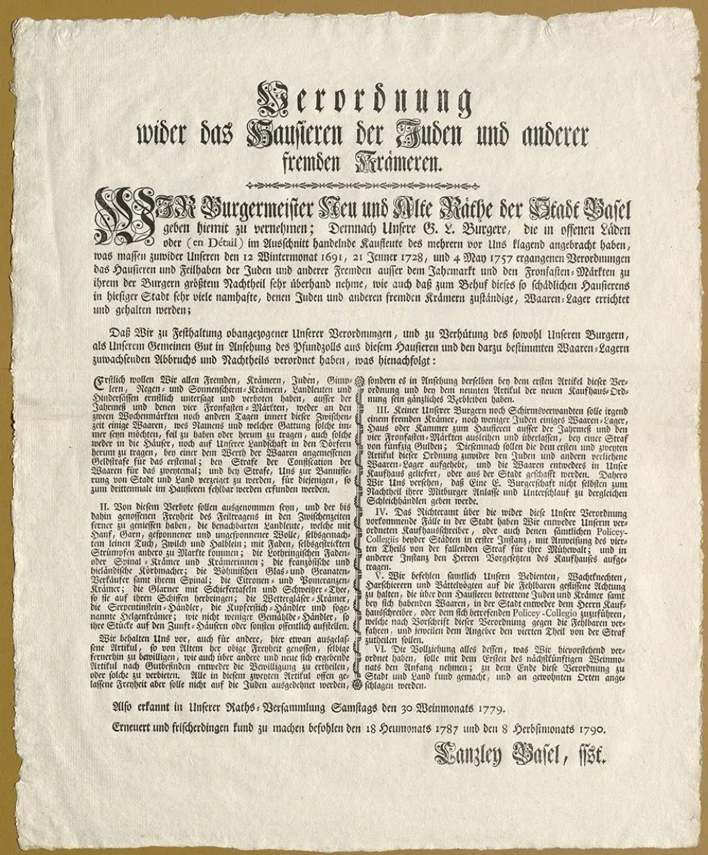 Mandat vom 08.09.1790 gegen das Hausieren der Juden und anderer fremder Krämer