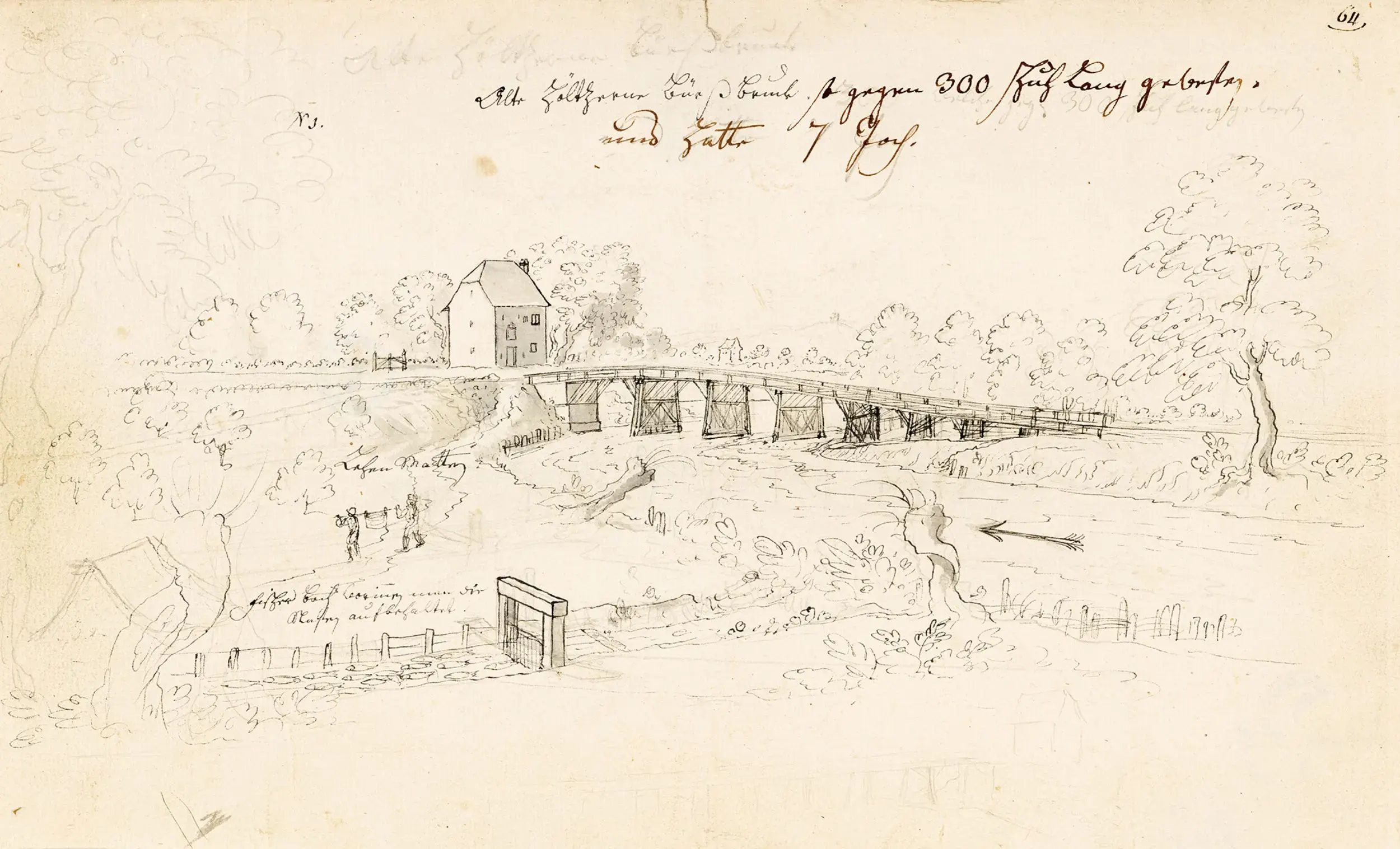 Die Federzeichnung von Emanuel Büchel (1705-1775) zeigt die Birsbrücke mit Fischerhaus von Süden. Im Vordergrund der Nasenbach mit Stauvorrichtung
