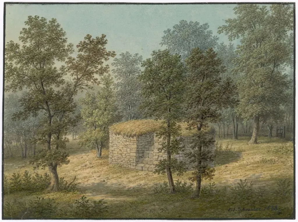 Der "Kopfabheini": Richtstätte vor dem Steinentor vor ihrem Abbruch 1838, gemalt von Johann Jakob Schneider