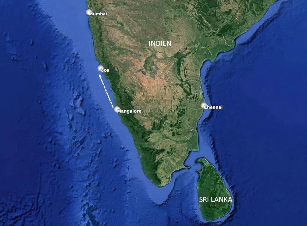 Karte: Südindien mit der Lage von Mangalore, dem Zentrum der Basler Mission in Indien, und Goa, dem Ziel des gekenterten Schiffes