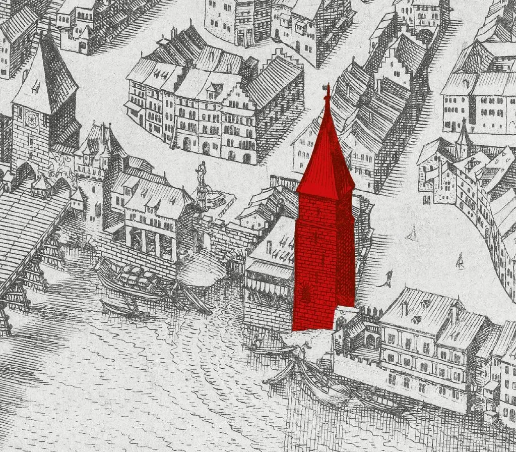 Ausschnitt aus dem Merian-Plan von 1615/17: Der Salzturm bei der Mittleren Brücke