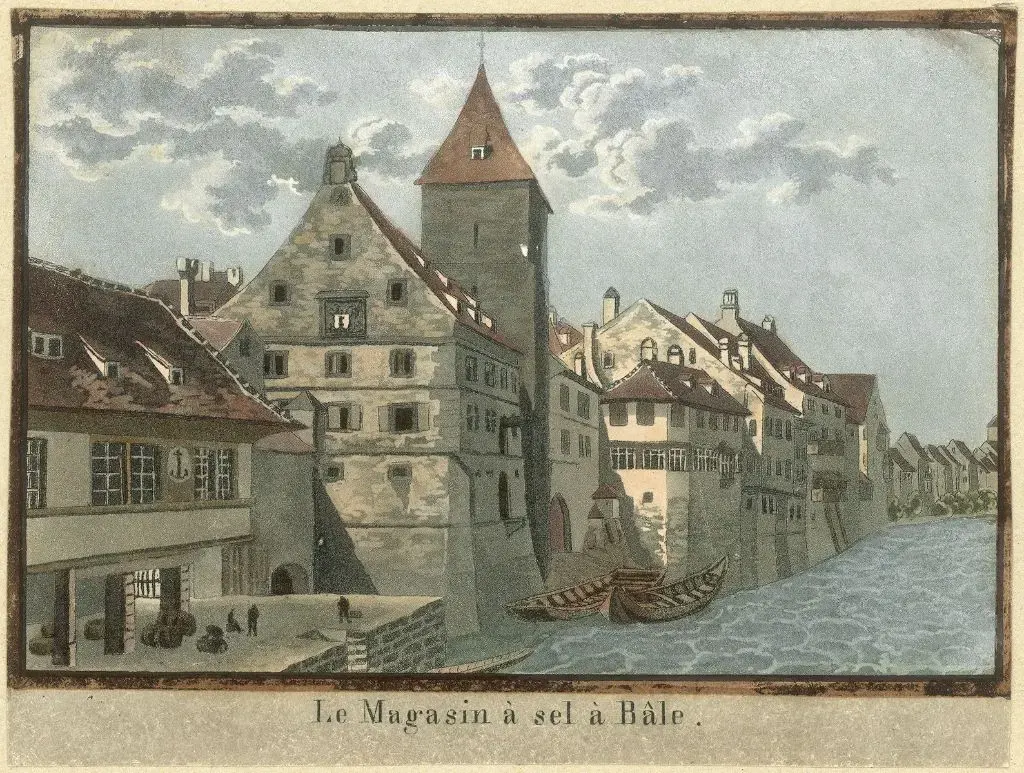 Die Lithographie eines unbekannten Künstlers zeigt die Schifflände mit dem Schiffleutenzunfthaus, dem Rheinlagerhaus, dem Salzturm und dem Gasthof zu Drei Königen