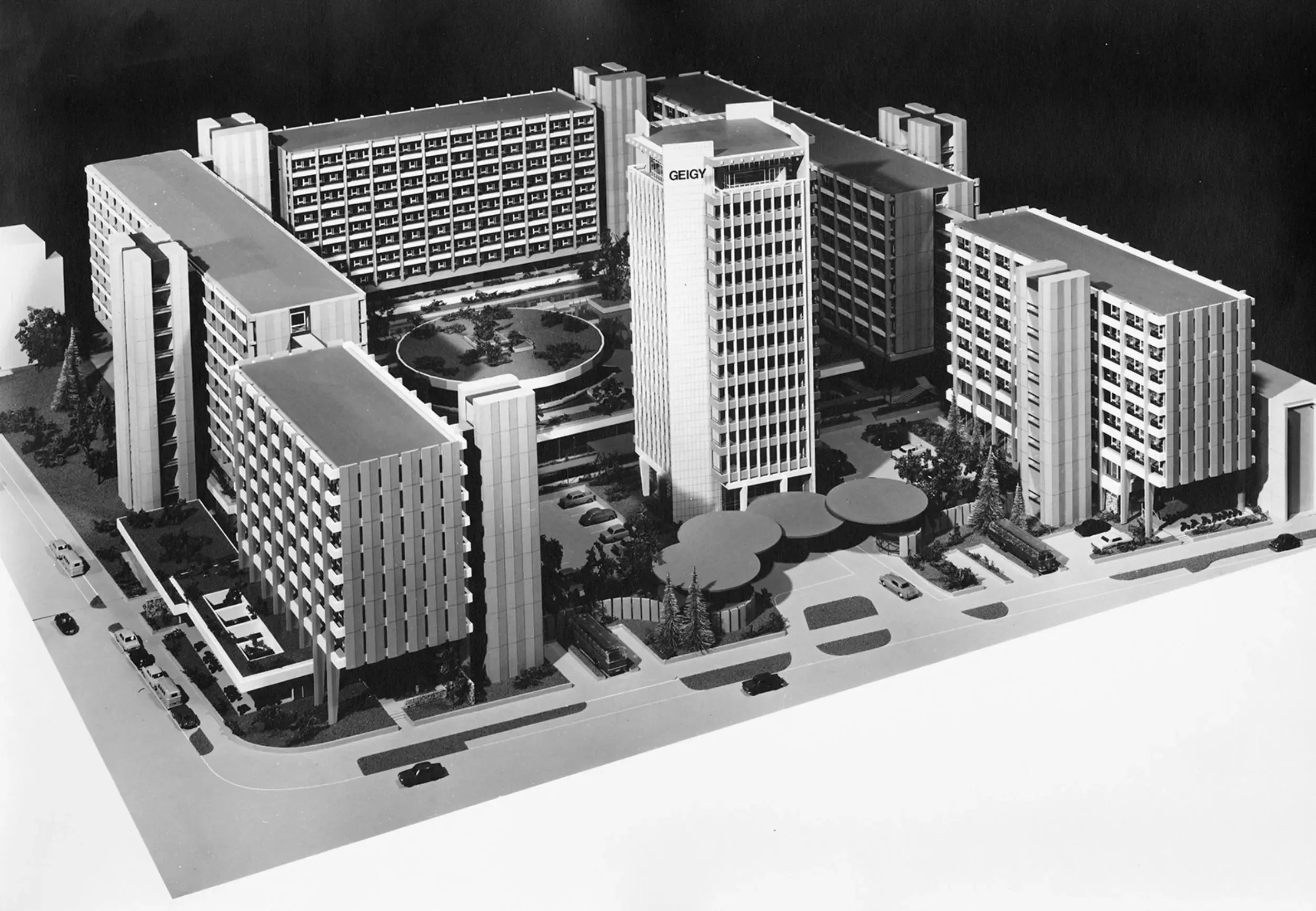 Der 1968 vorgelegte Modellentwurf von Burckhardt Architekten zur Neugestaltung des Geigy-Areals