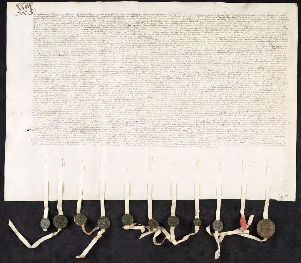 Die Klingentaler Urkunde von 1483 mit den Siegeln der Vertragspartner