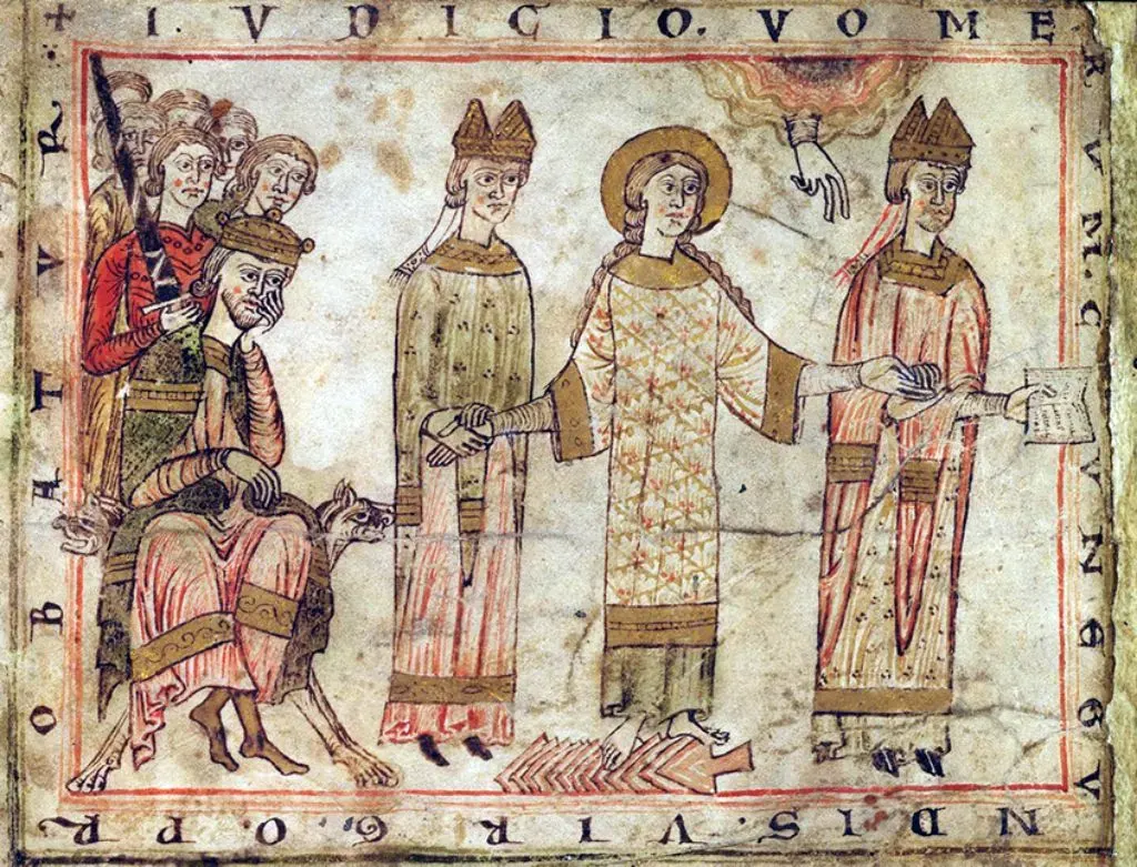 Älteste Darstellung der Pflugscharprobe der Kaiserin Kunigunde, Titelbild der «Vita S. Cunegundis», kolorierte Federzeichnung, frühes 13. Jahrhundert