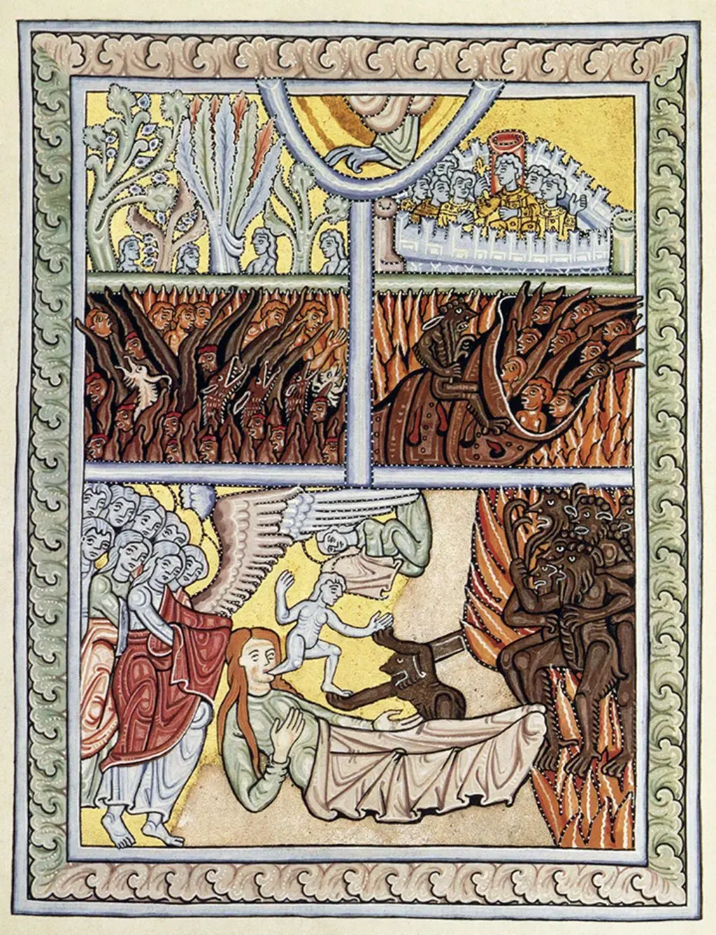 Illustration: Wir sehen, wie die Seele eines Gestorbenen von Engeln und Teufeln umkämpft wird; Bilder von Hölle und Paradies folgen in der oberen Hälfte des Bildes