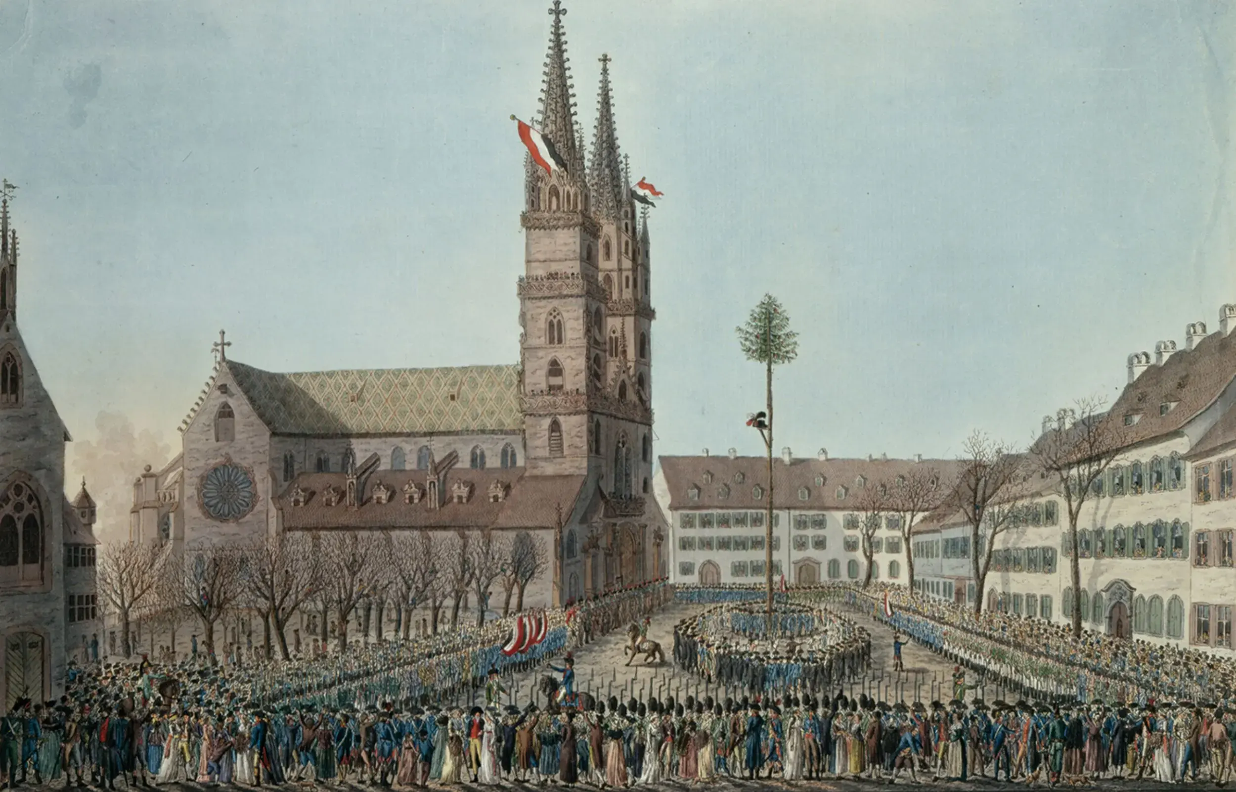 Zeichnung: Die Stadt feiert am 22. Januar 1798 vor dem republikanisch beflaggten Münster unter einem Freiheitsbaum die Gleichstellung mit der Landschaft