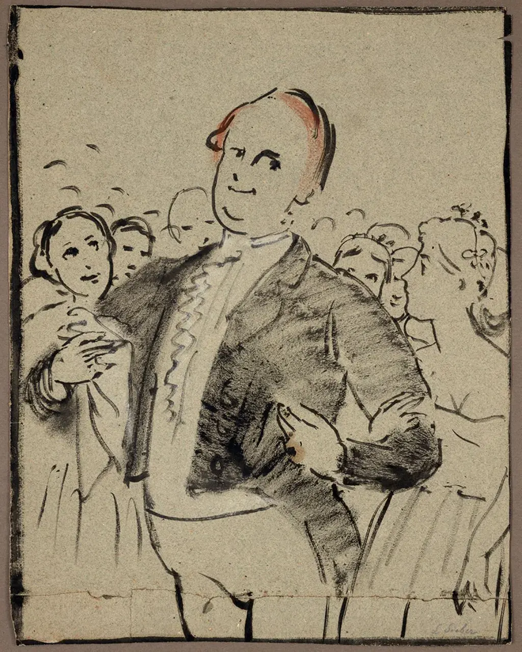 Zeichnung: "Dr. Ludwig Sieber (gern gesehen im Kreise junger Damen)". Der Maler Arnold Böcklin (1827-1901) zeichnete das Miniaturbild als Teil des "Schnitzelbank-Zyklus" um 1869