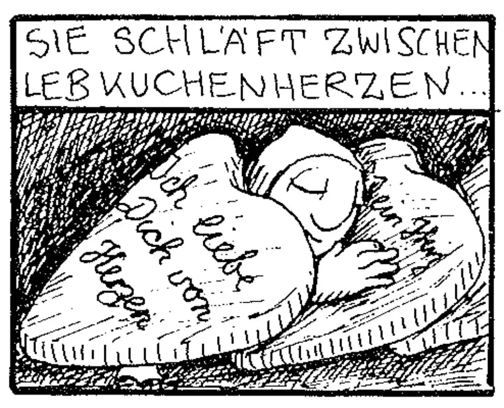Illustration: Die Wichtelfrau schläft zwischen zwei Lebkuchenherzen