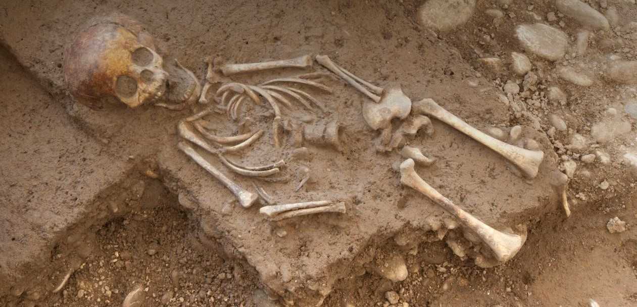 Ein menschliches Skelett liegt in einem Grab.
