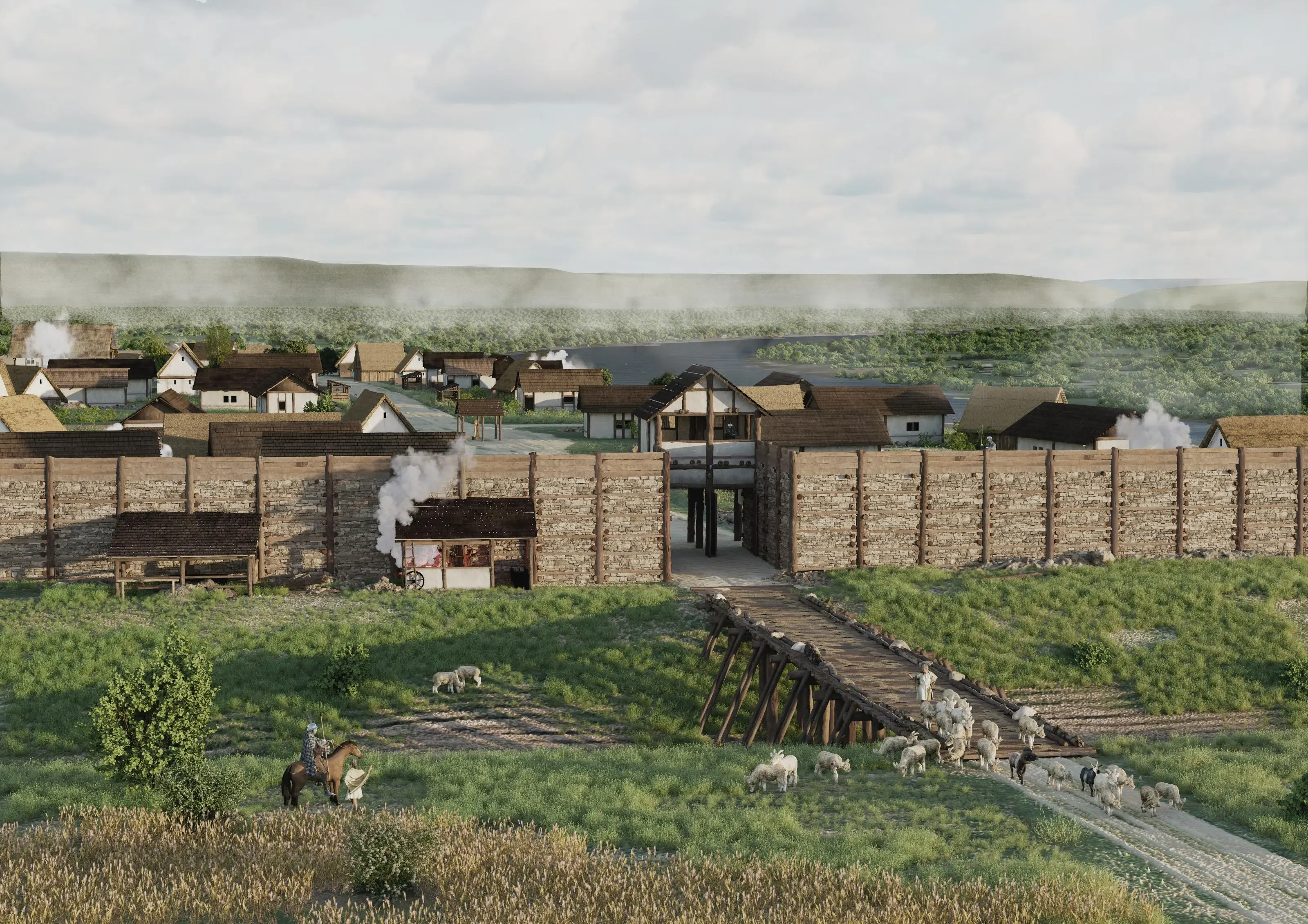 3D-Rekonstruktion des spätlatènezeitlichen oppidum auf dem Münsterhügel mit seinem murus Gallicus.